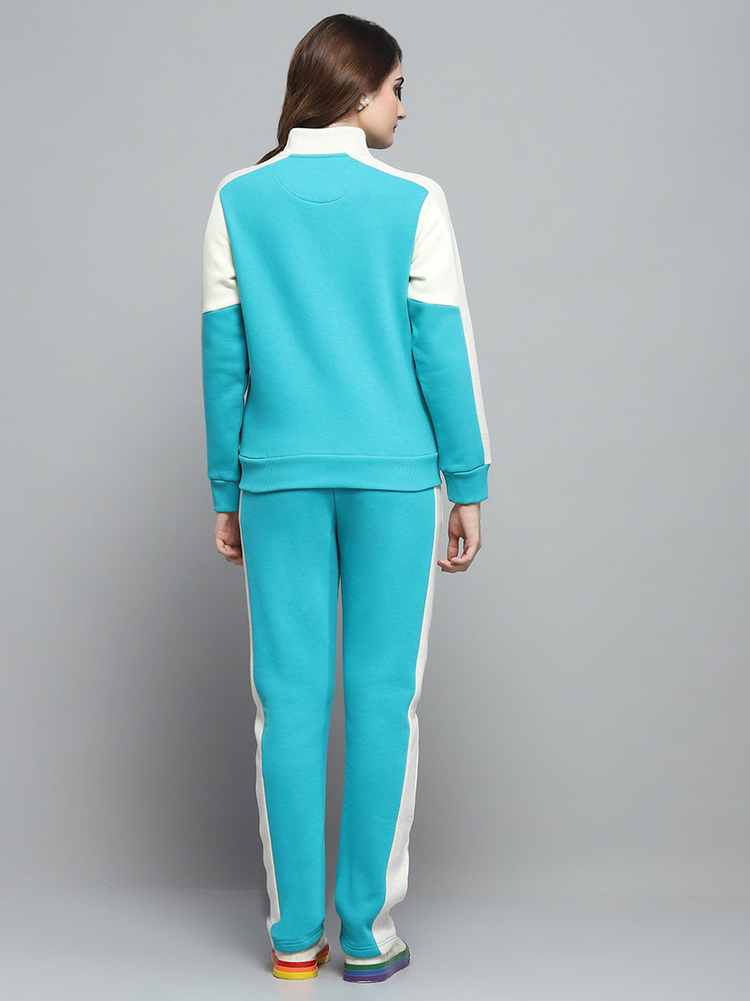 Women Teal Blue Solid Mock Neck Full Sleeve Tracksuit