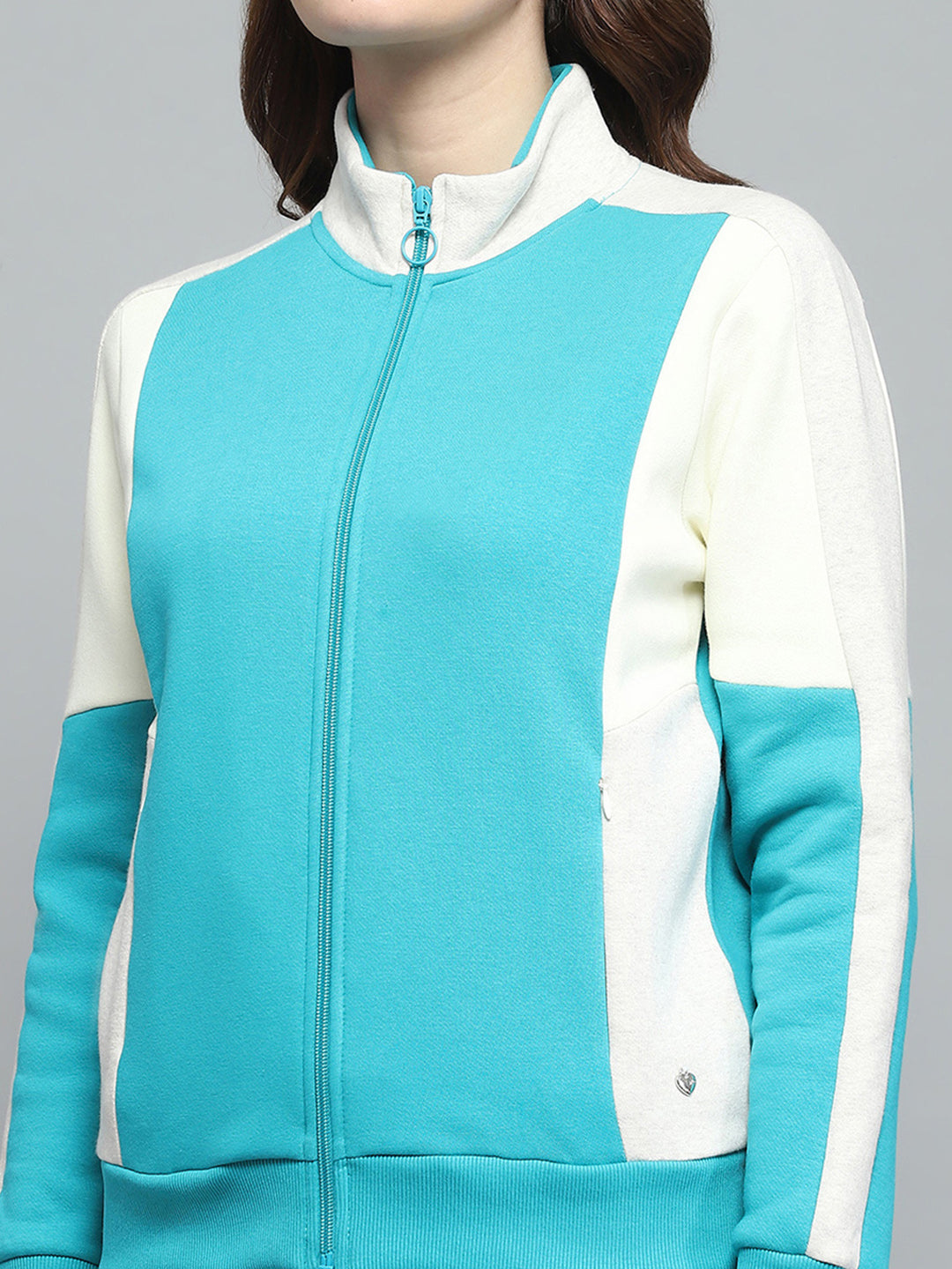 Women Teal Blue Solid Mock Neck Full Sleeve Tracksuit