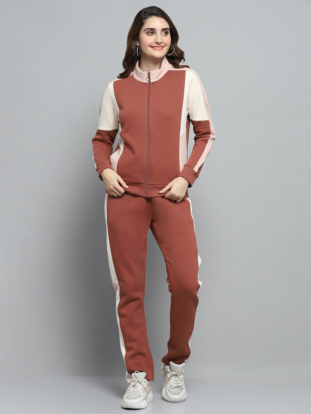 Women Rust Solid Mock Neck Full Sleeve Tracksuit