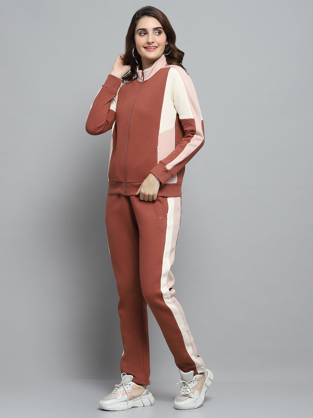 Women Rust Solid Mock Neck Full Sleeve Tracksuit