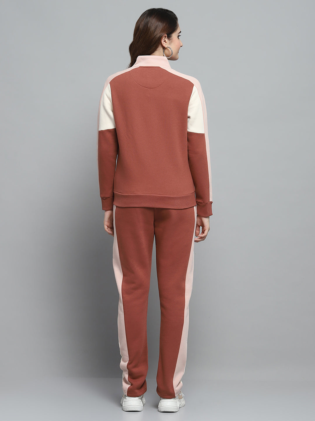 Women Rust Solid Mock Neck Full Sleeve Tracksuit