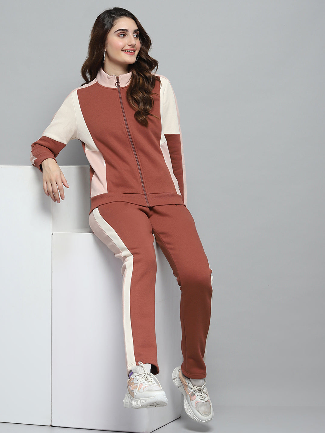 Women Rust Solid Mock Neck Full Sleeve Tracksuit