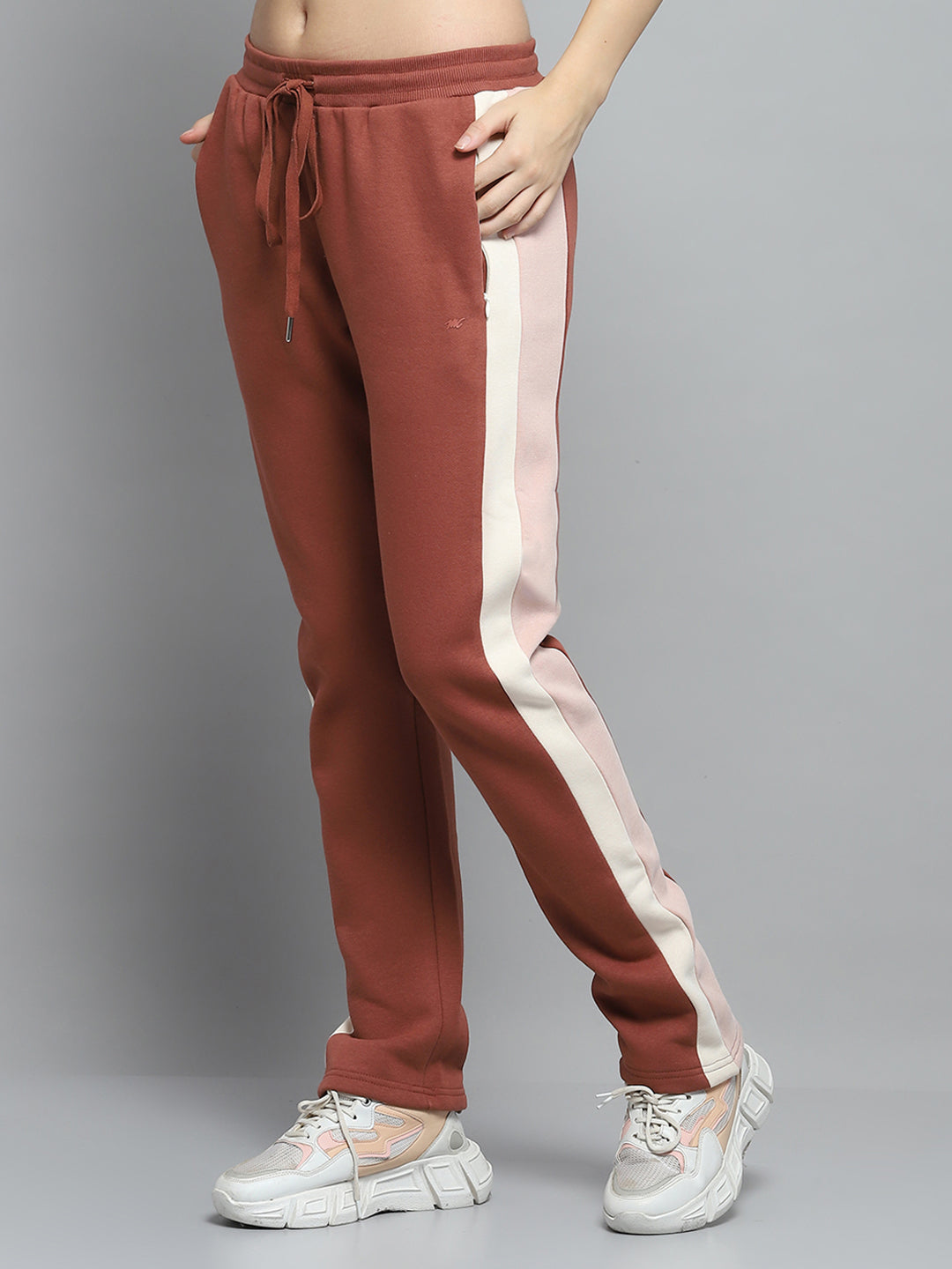 Women Rust Solid Mock Neck Full Sleeve Tracksuit