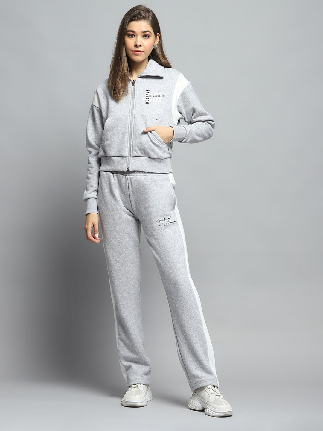 Women Grey Printed Collar Full Sleeve Tracksuit