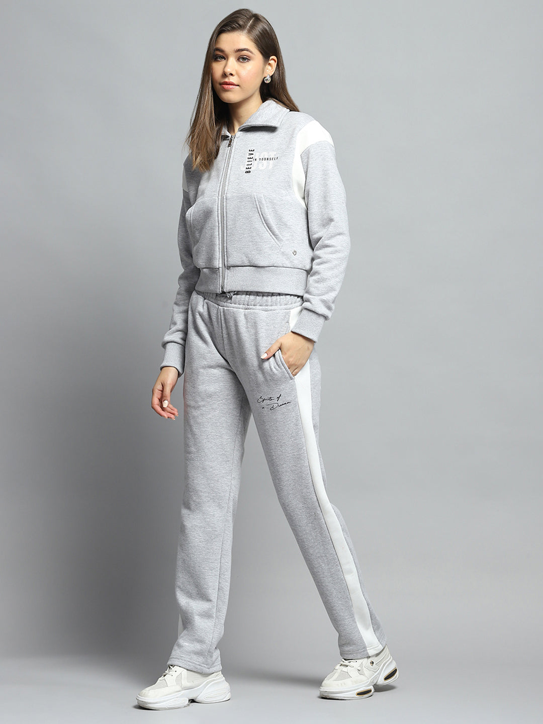 Women Grey Printed Collar Full Sleeve Tracksuit