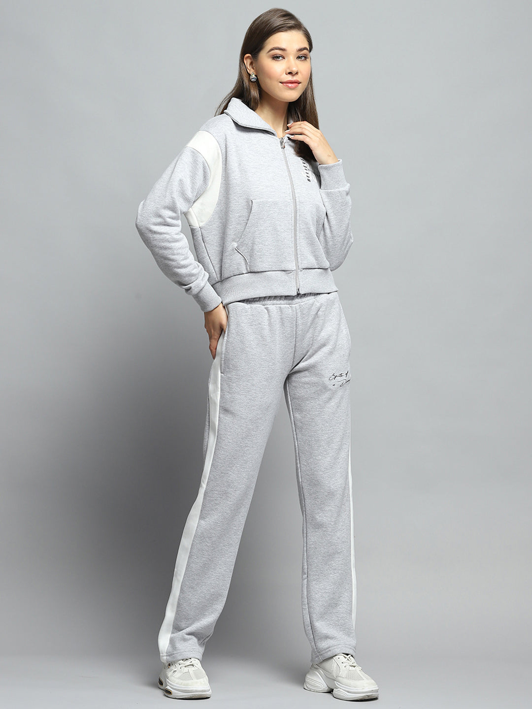 Women Grey Printed Collar Full Sleeve Tracksuit