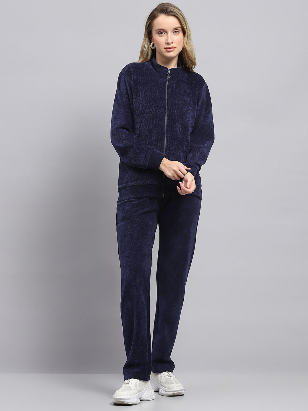 Women Navy Blue Self Design Mock Neck Full Sleeve Tracksuit