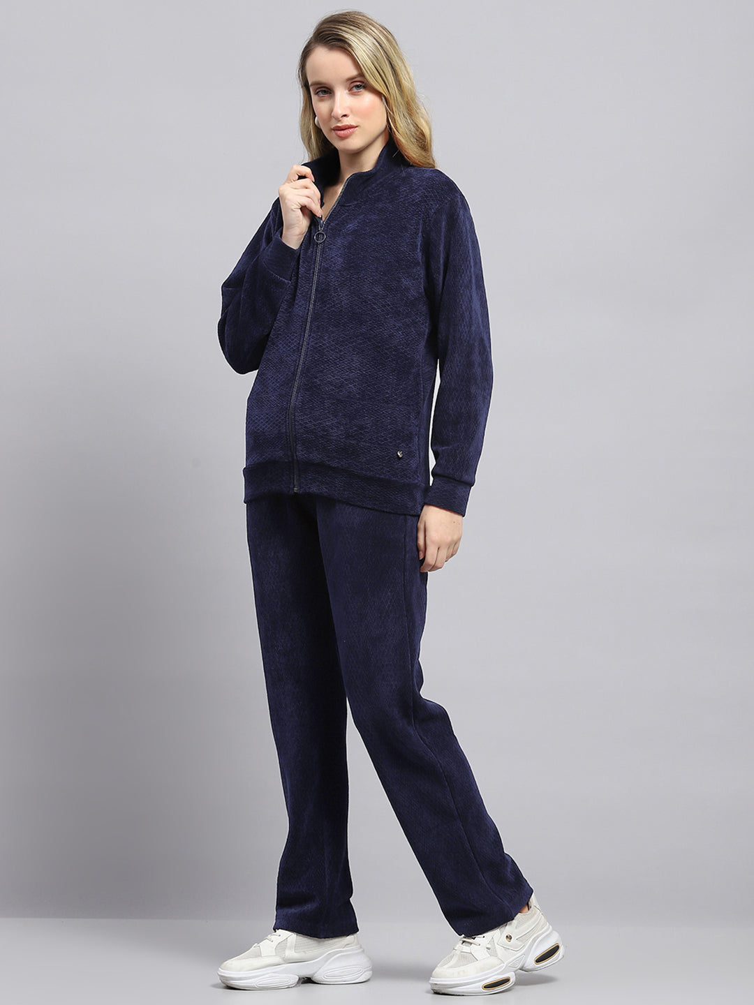 Women Navy Blue Self Design Mock Neck Full Sleeve Tracksuit