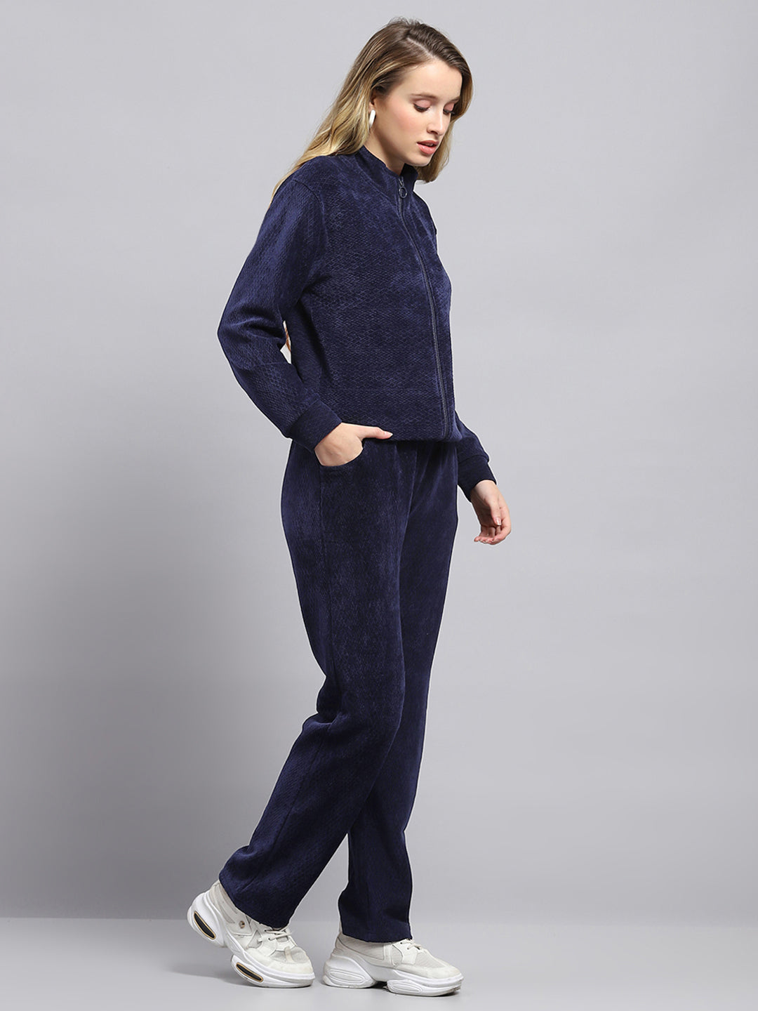 Women Navy Blue Self Design Mock Neck Full Sleeve Tracksuit