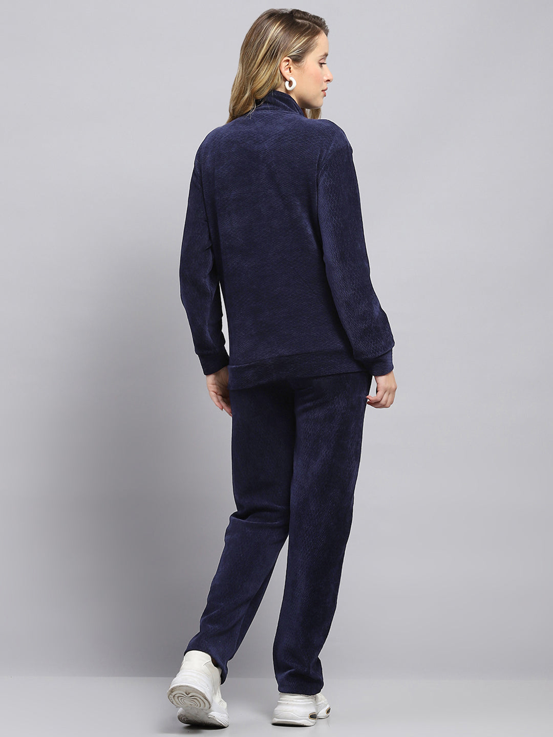 Women Navy Blue Self Design Mock Neck Full Sleeve Tracksuit