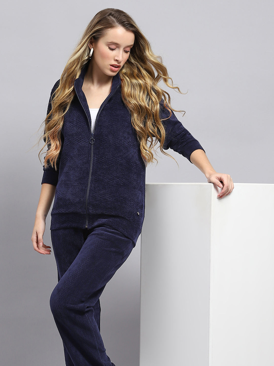 Women Navy Blue Self Design Mock Neck Full Sleeve Tracksuit