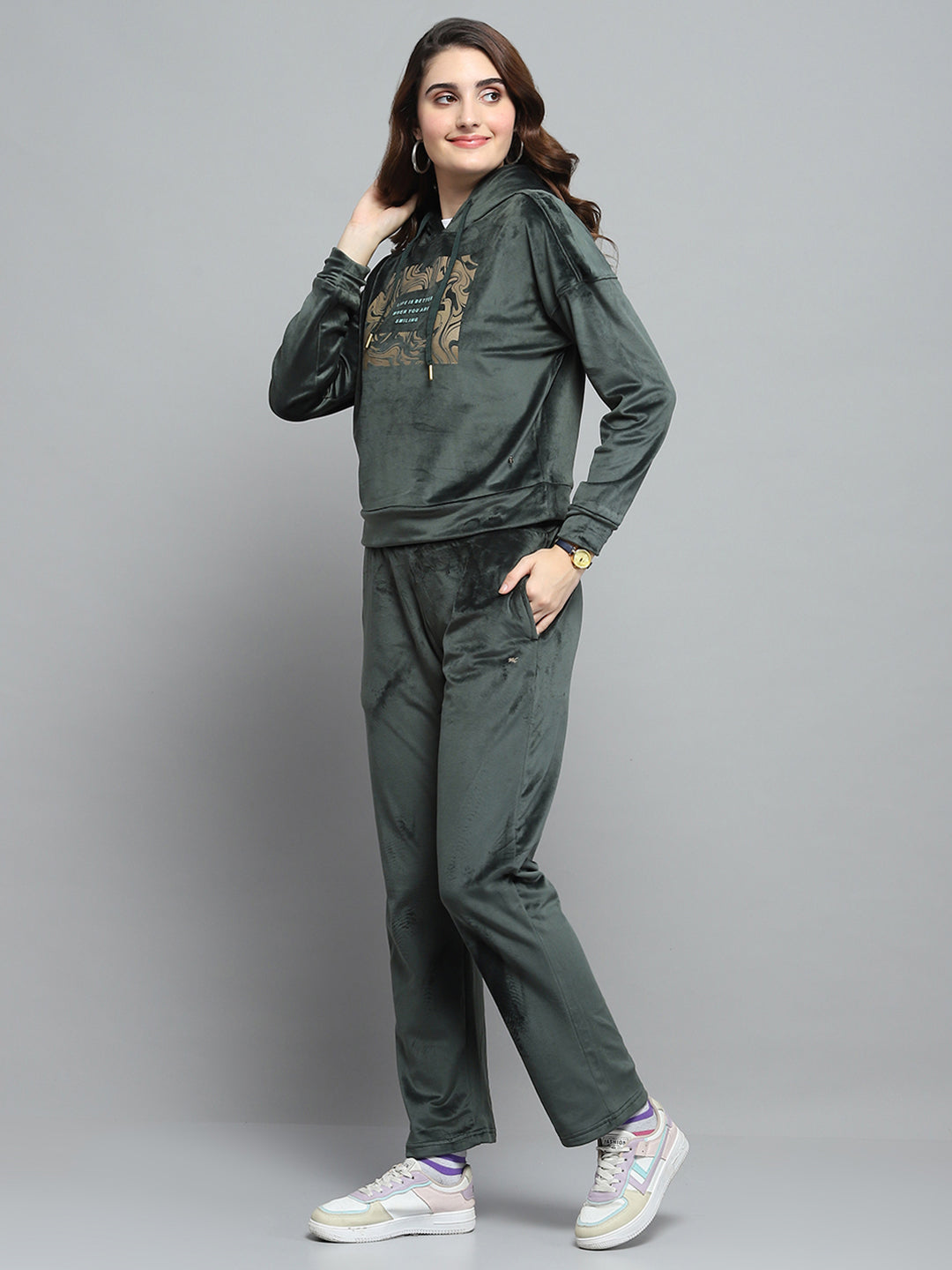 Women Olive Printed Hooded Full Sleeve Cords Set