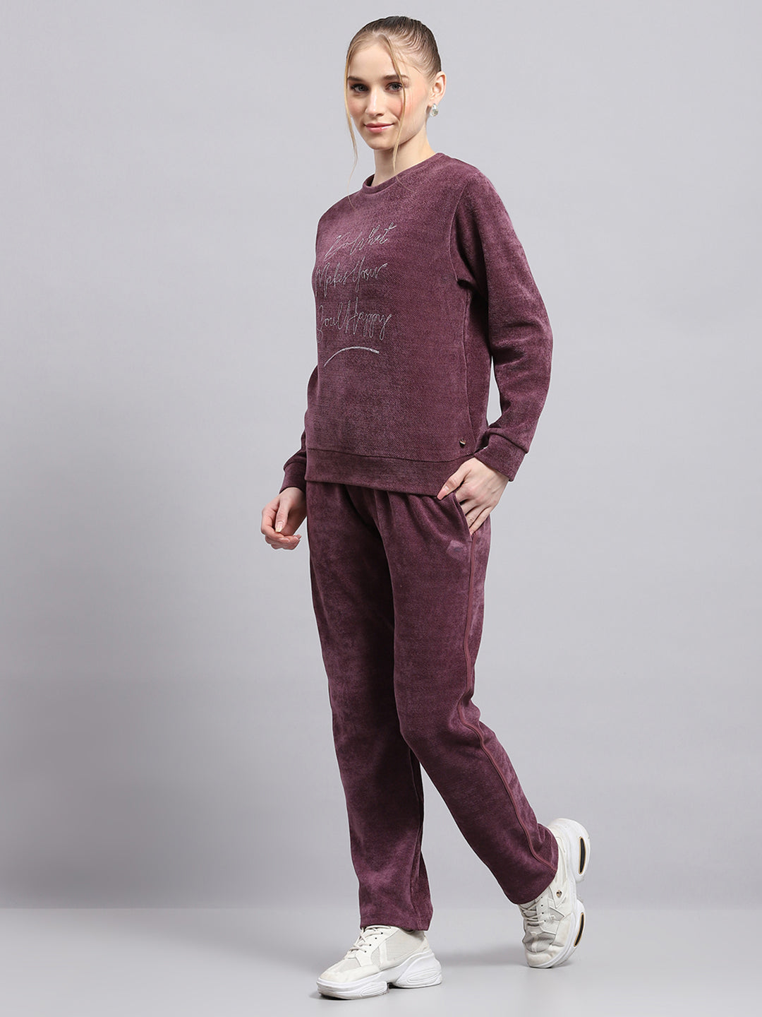 Women Maroon Embroidered Round Neck Full Sleeve Cords Set