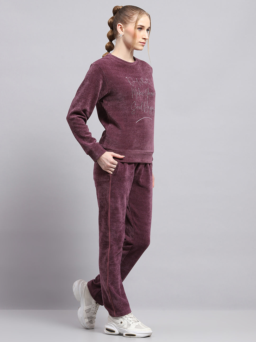 Women Maroon Embroidered Round Neck Full Sleeve Cords Set