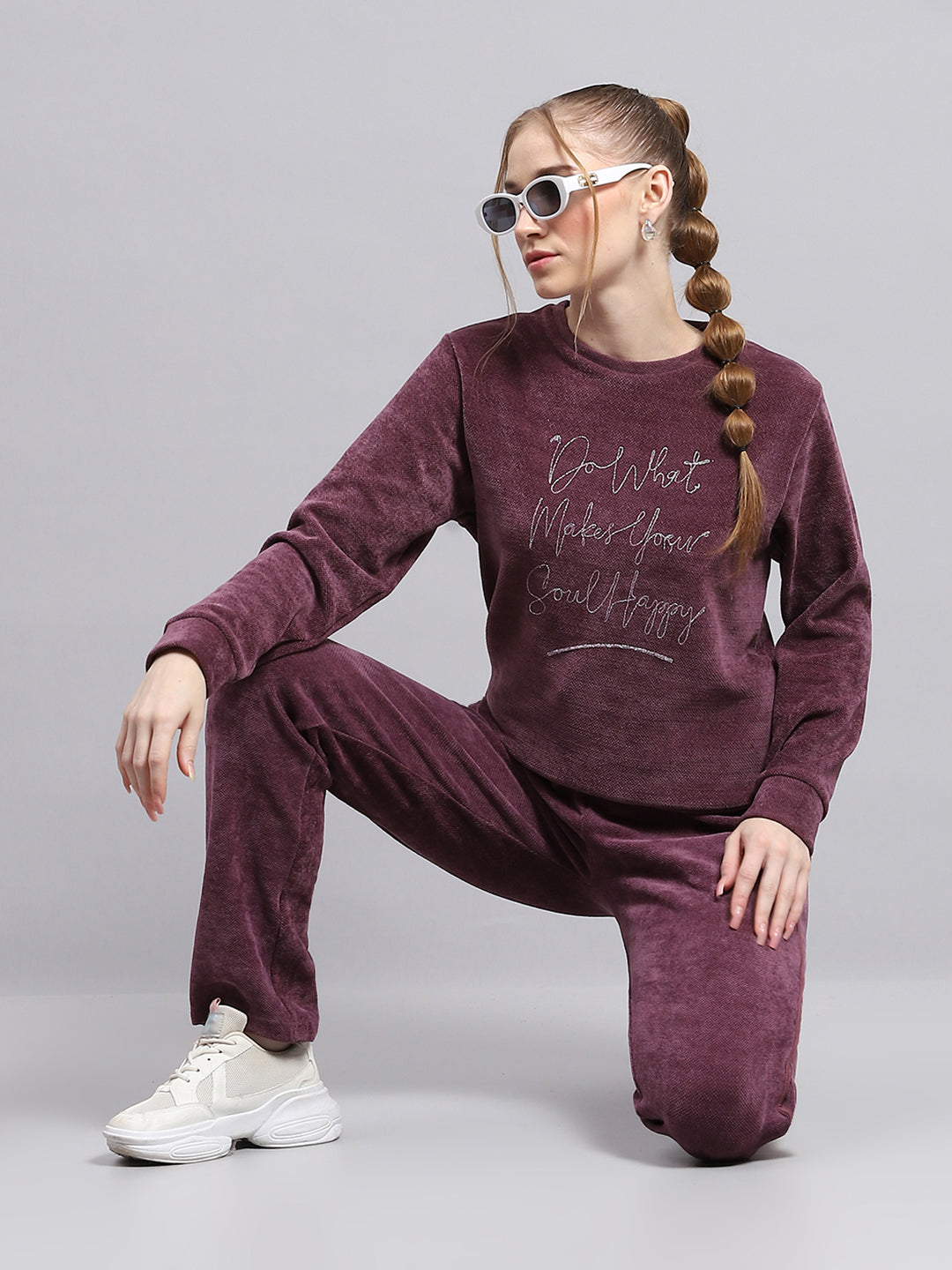 Women Maroon Embroidered Round Neck Full Sleeve Cords Set