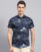 Men Navy Blue Printed Collar Neck Half Sleeve Shirt