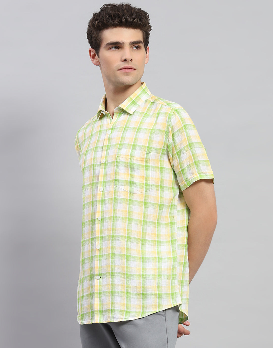 Men Green Check Collar Neck Half Sleeve Shirt