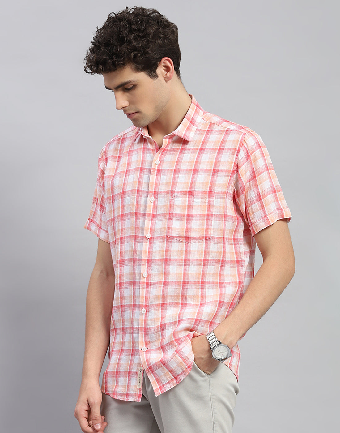 Men Orange Check Collar Neck Half Sleeve Shirt