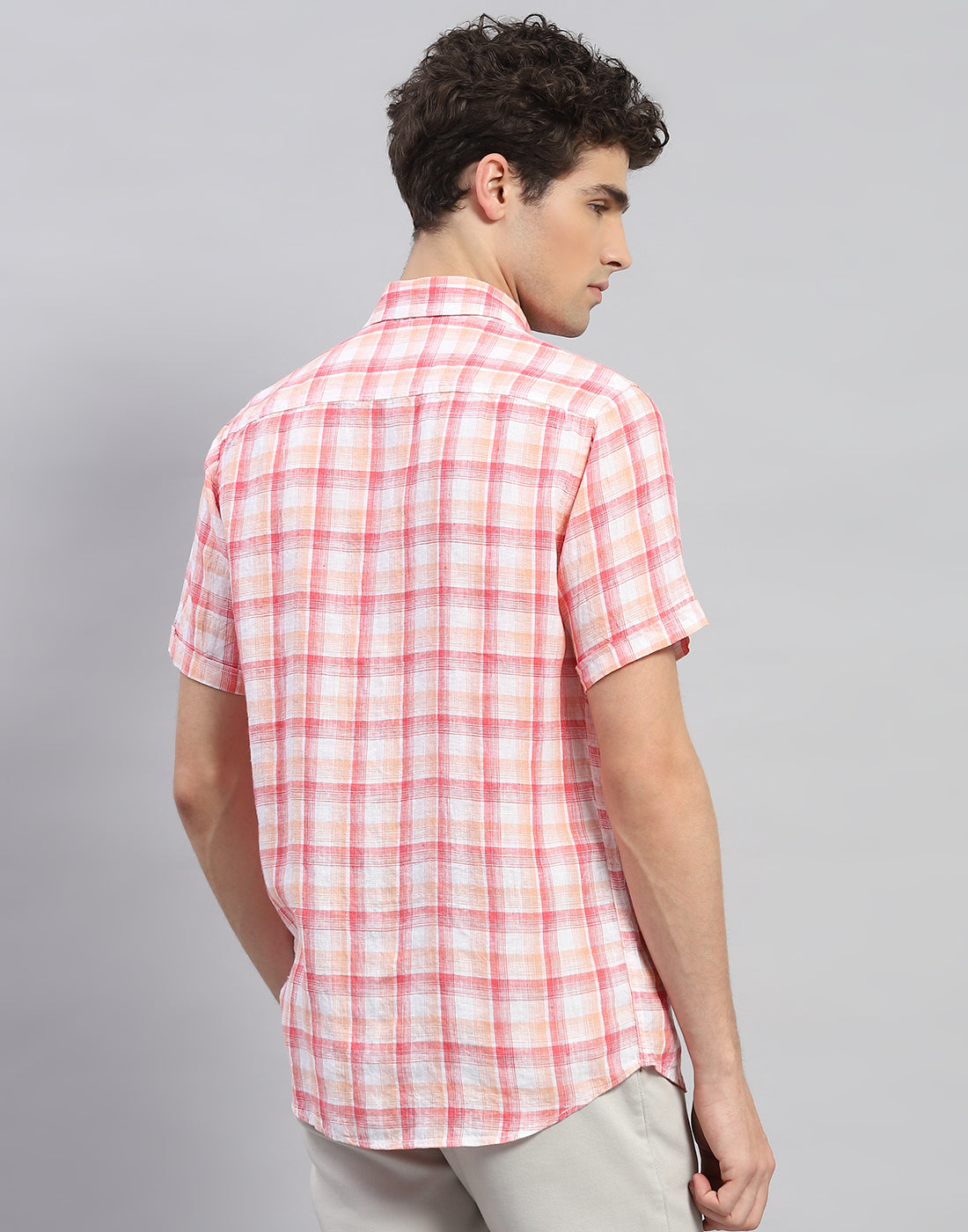 Men Orange Check Collar Neck Half Sleeve Shirt