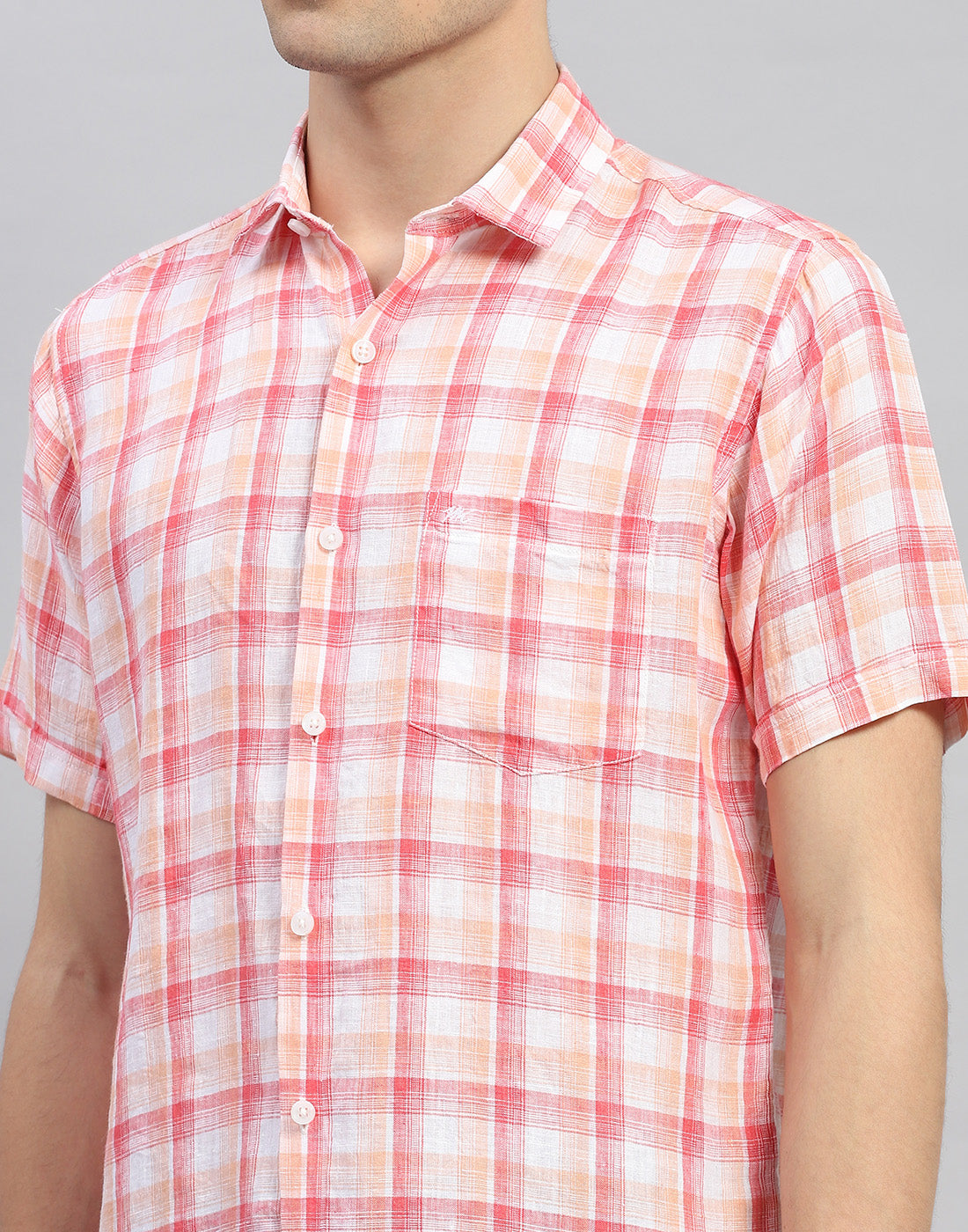 Men Orange Check Collar Neck Half Sleeve Shirt