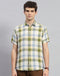 Men Olive Check Collar Neck Half Sleeve Shirt