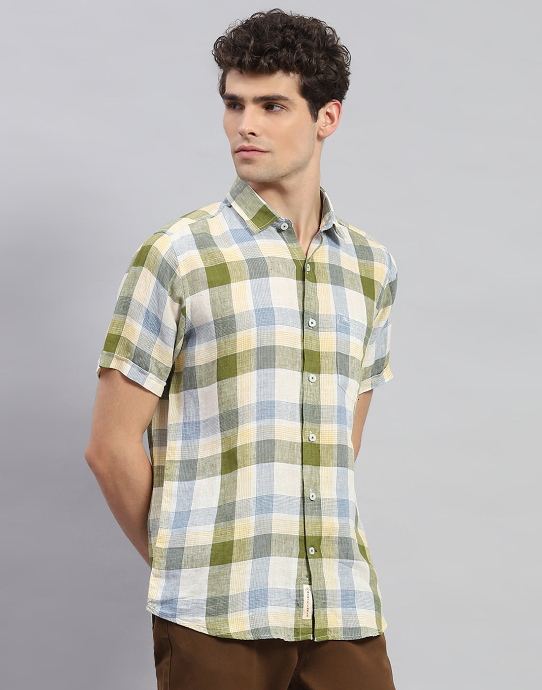 Men Olive Check Collar Neck Half Sleeve Shirt