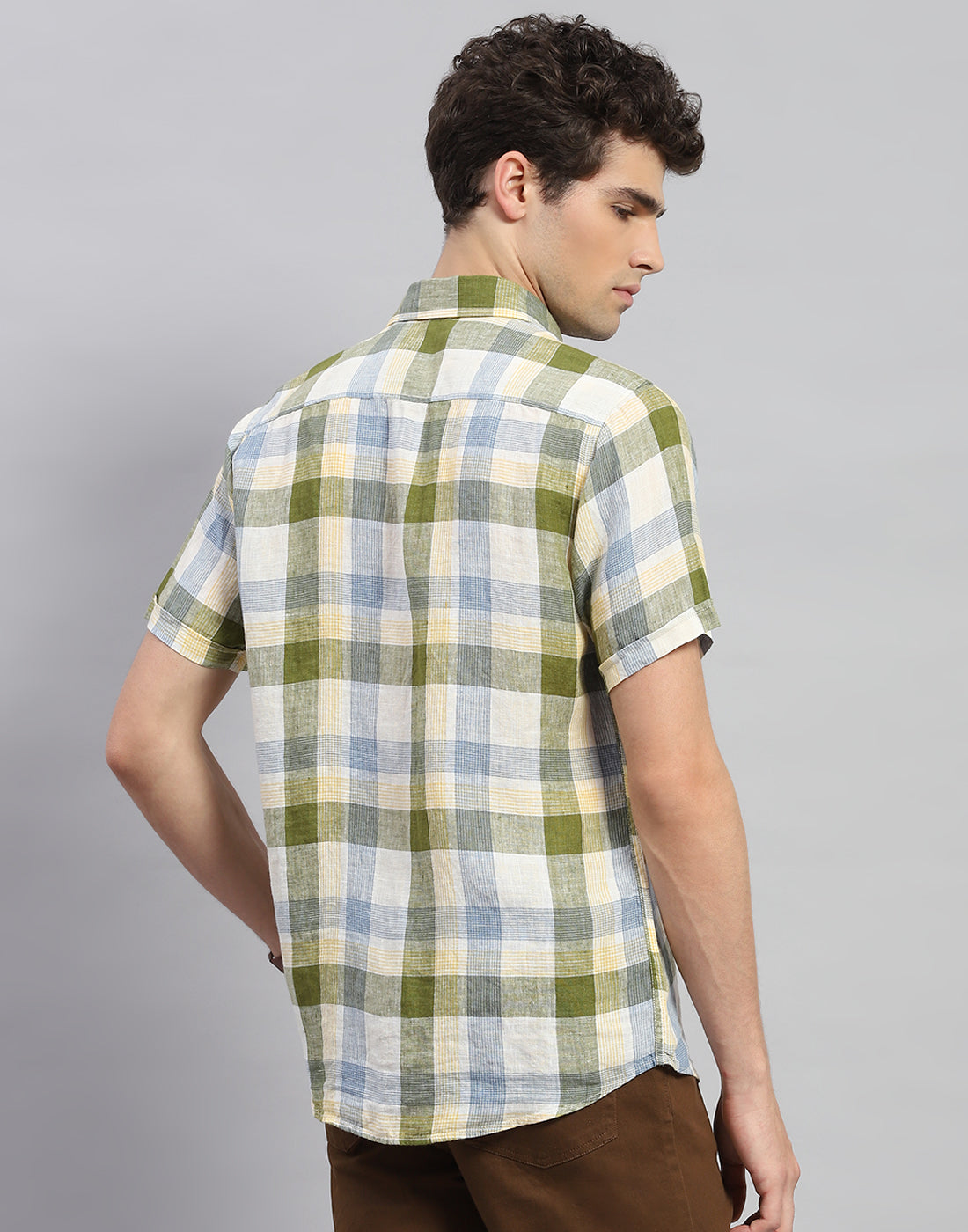 Men Olive Check Collar Neck Half Sleeve Shirt