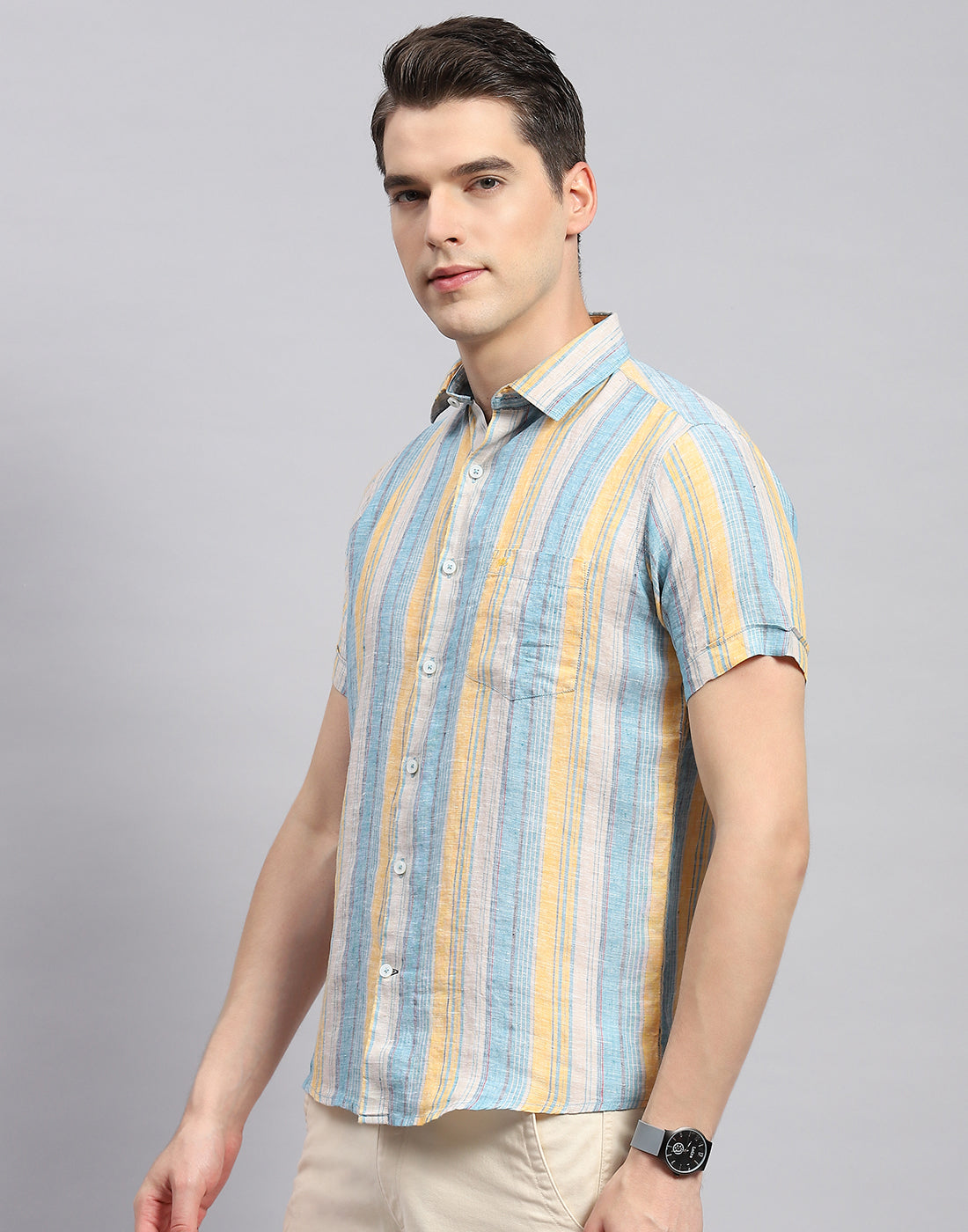 Men Multicolor Stripe Collar Neck Half Sleeve Shirt