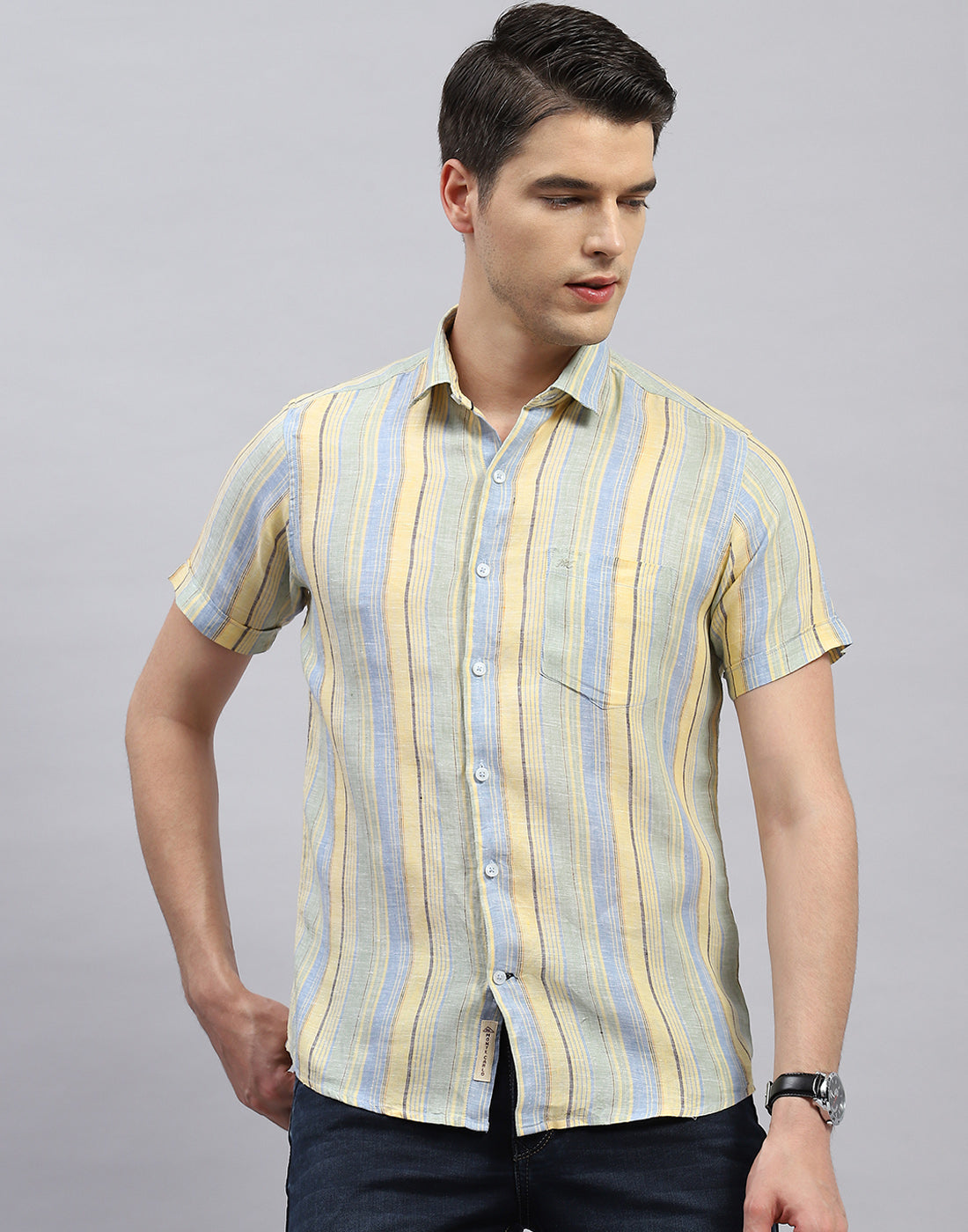 Men Sky Blue Stripe Collar Half Sleeve Shirt