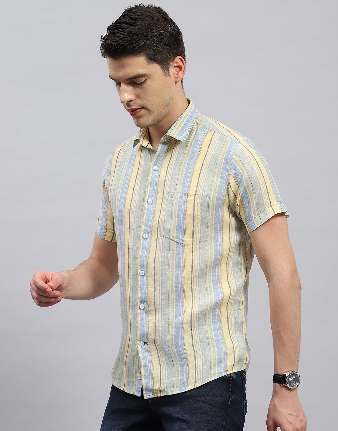 Men Sky Blue Stripe Collar Half Sleeve Shirt