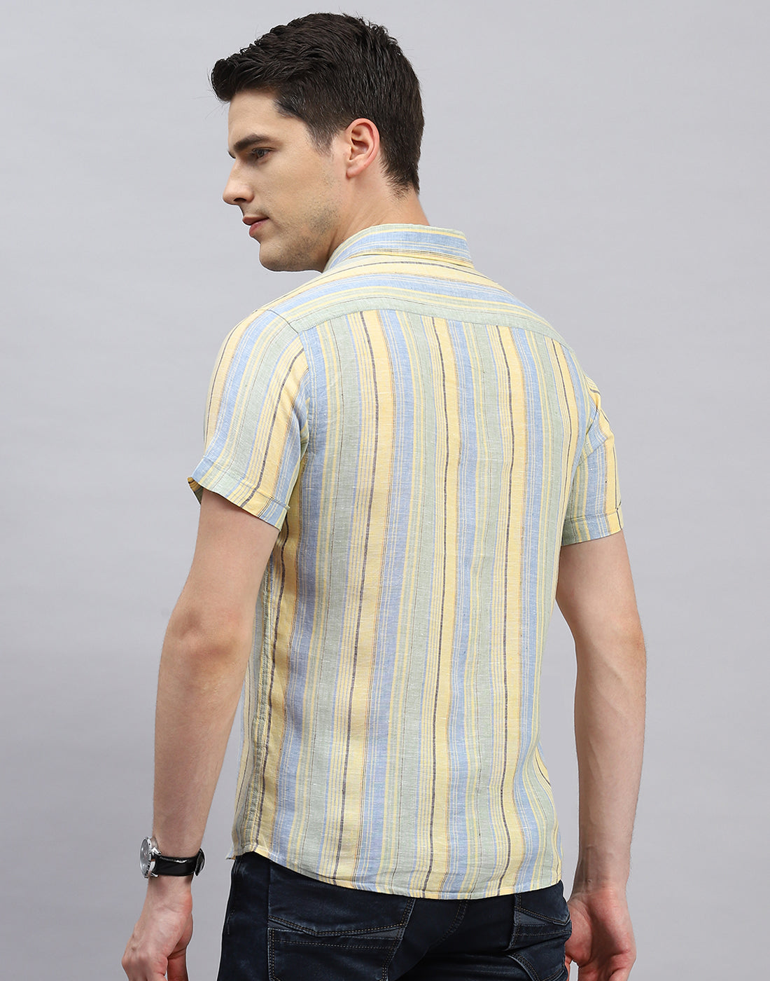 Men Sky Blue Stripe Collar Half Sleeve Shirt