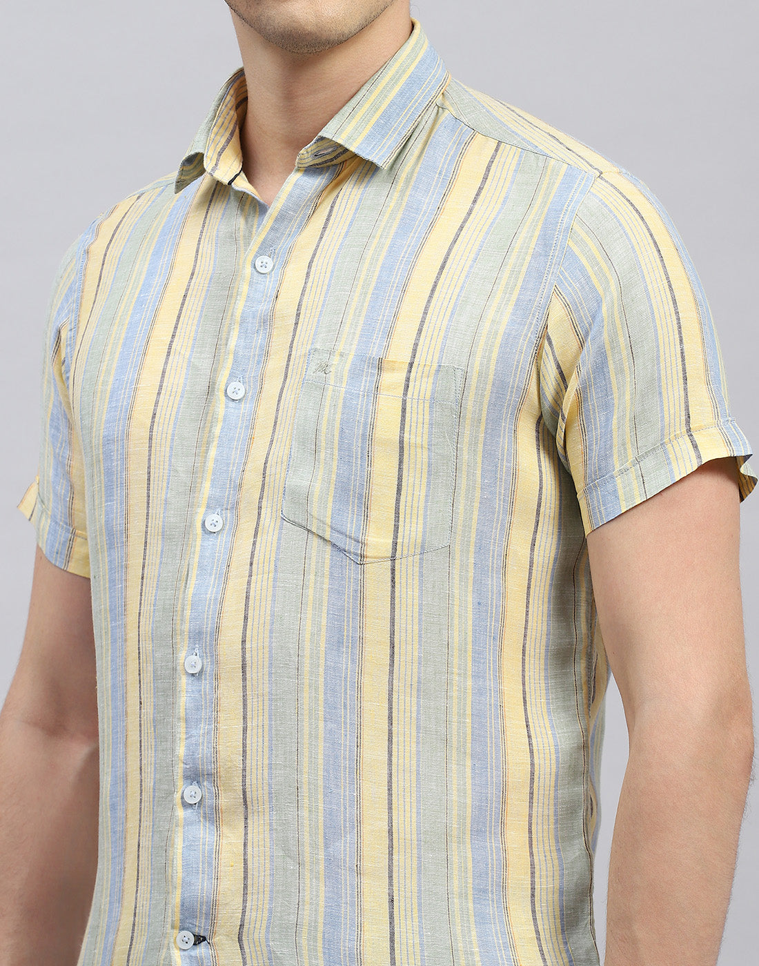 Men Sky Blue Stripe Collar Half Sleeve Shirt