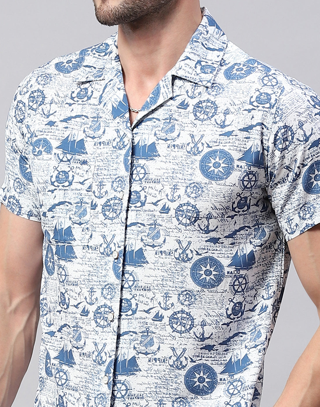 Men Blue Printed Collar Neck Half Sleeve Cords Set