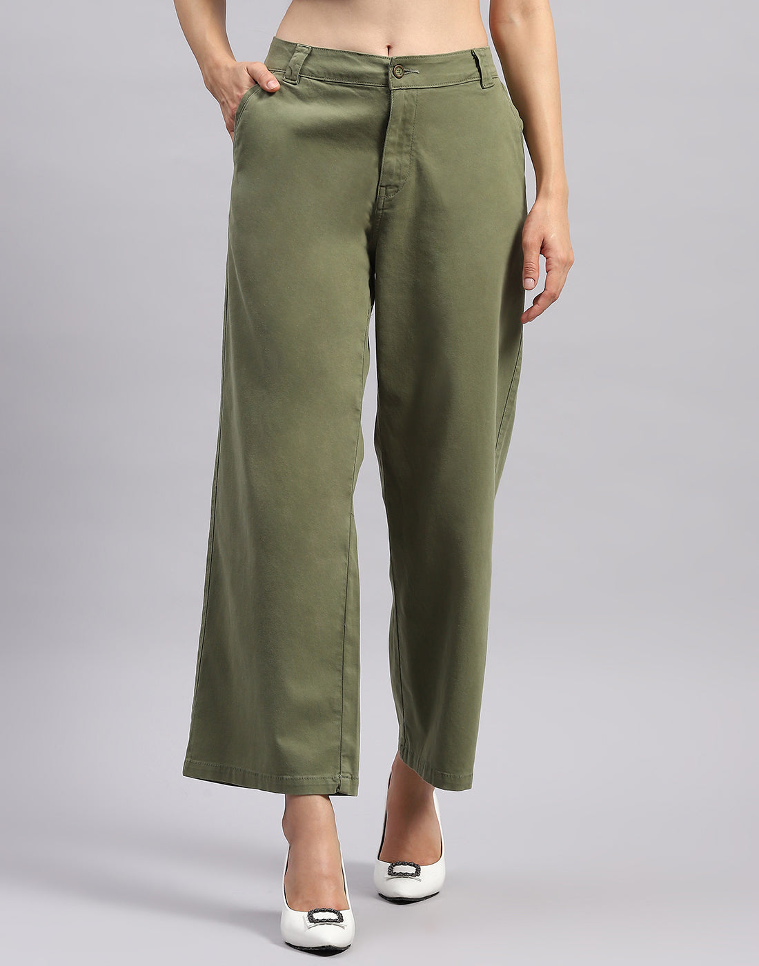 Women Olive Solid Wide Leg Trouser