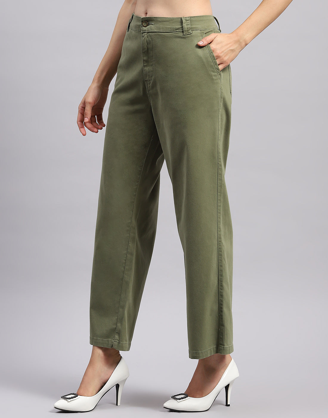 Women Olive Solid Wide Leg Trouser