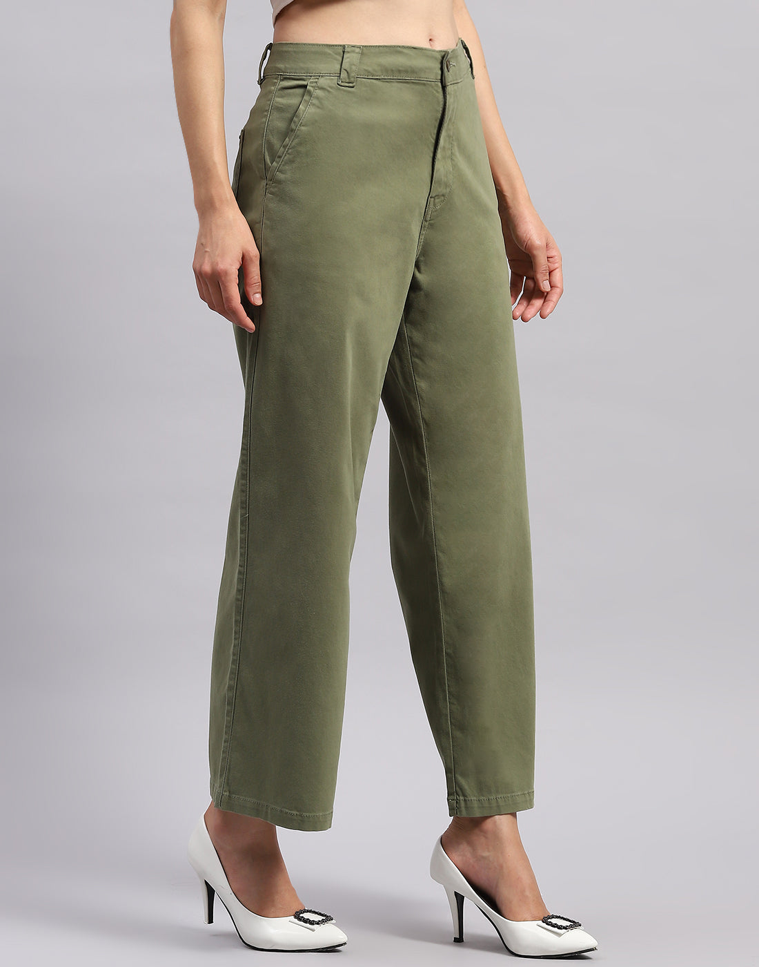 Women Olive Solid Wide Leg Trouser