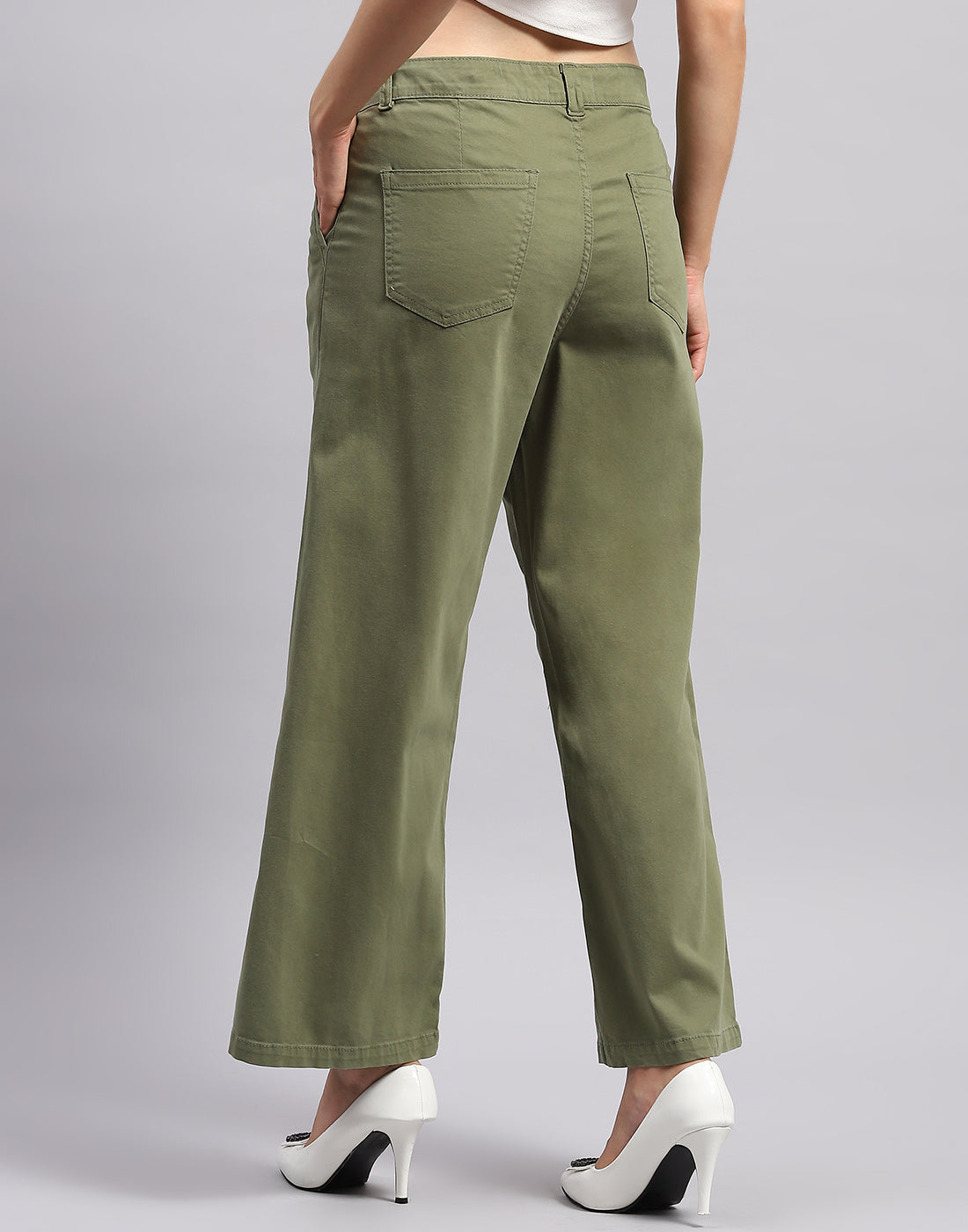 Women Olive Solid Wide Leg Trouser