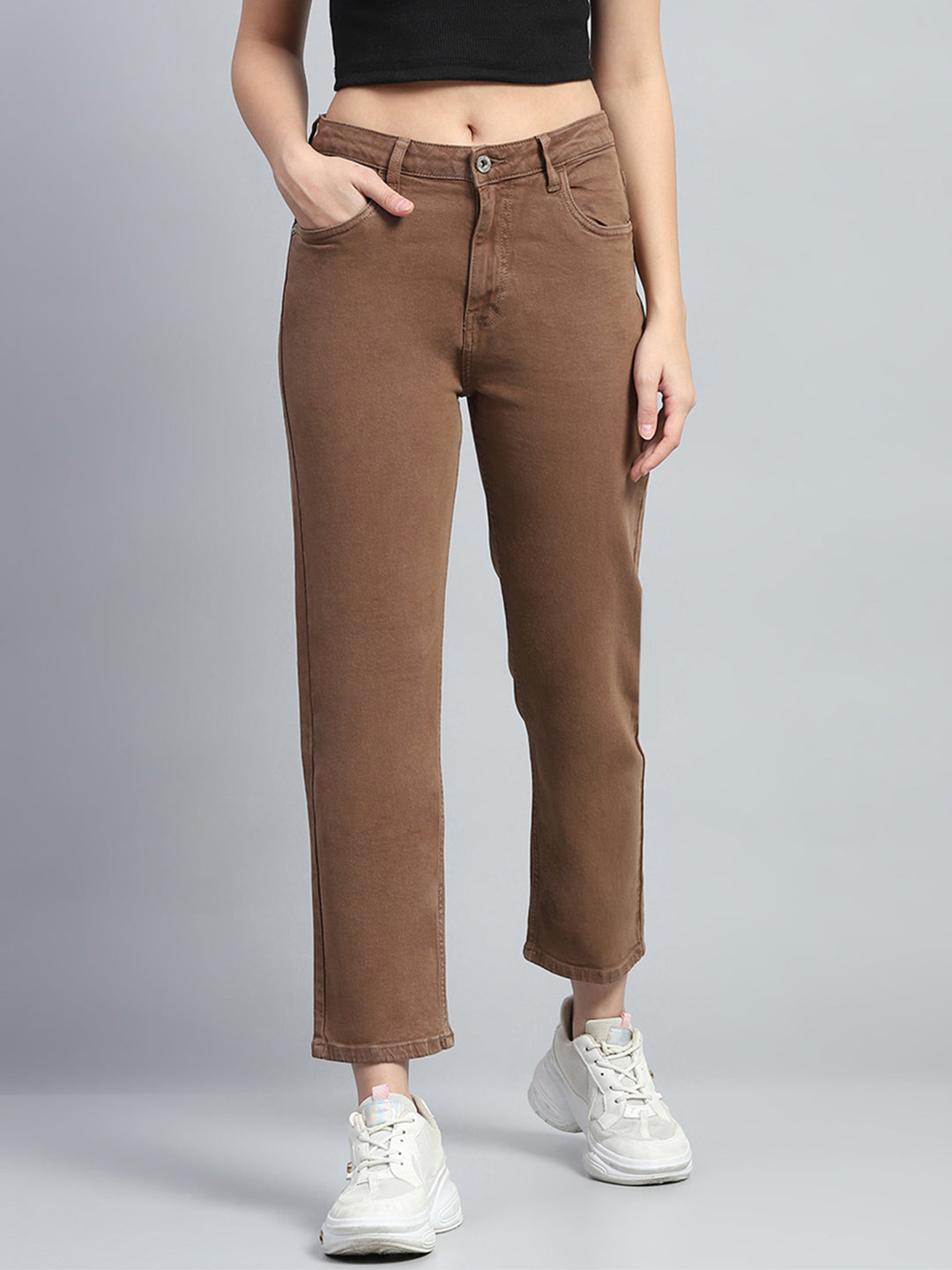 Women Brown Solid Slim Fit Denim