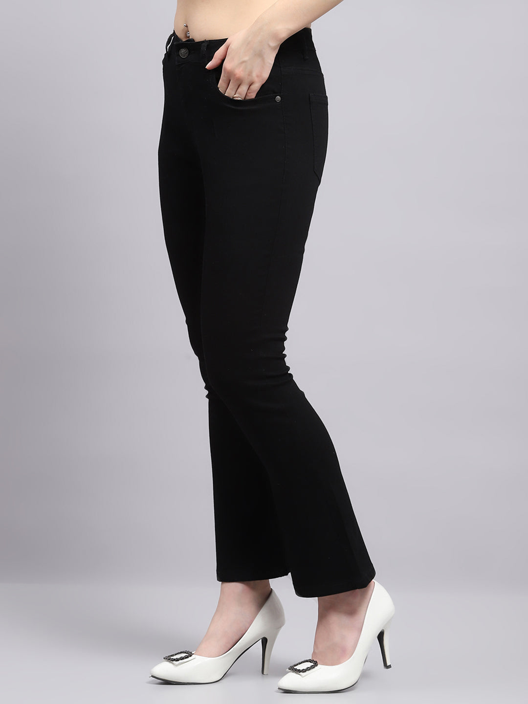 Women Black Solid Regular Fit Denim