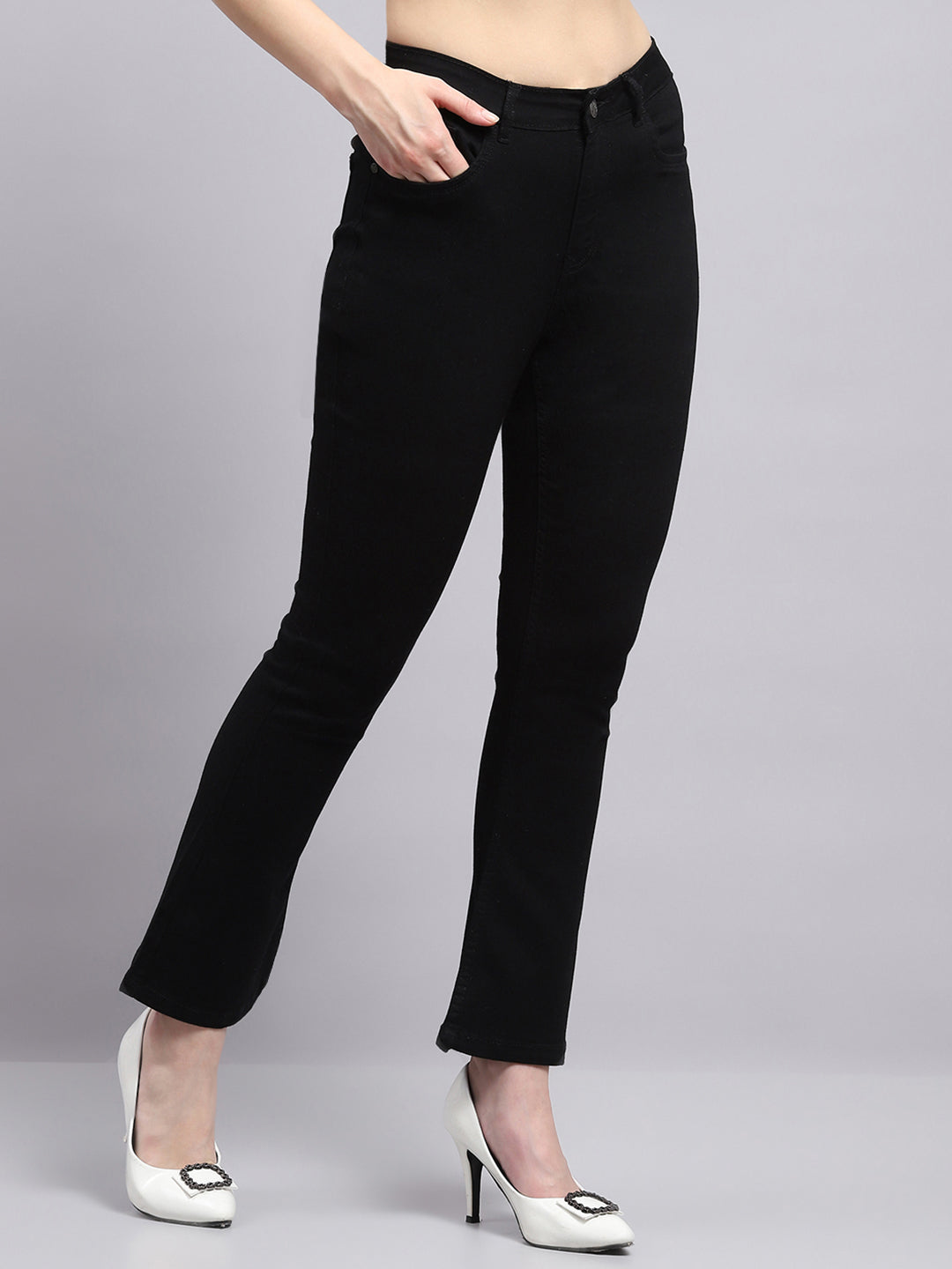 Women Black Solid Regular Fit Denim