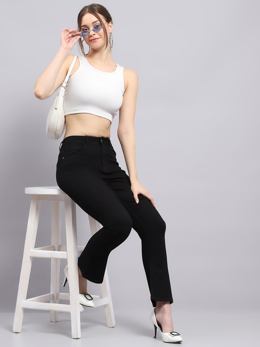 Women Black Solid Regular Fit Denim