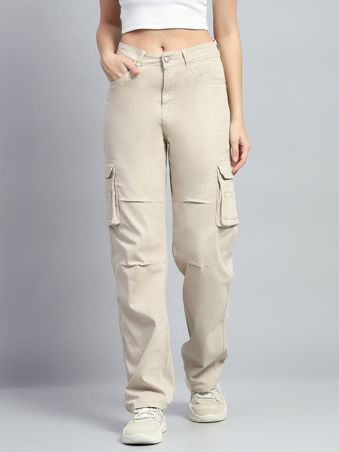 Women Beige Solid Regular Fit Cargo