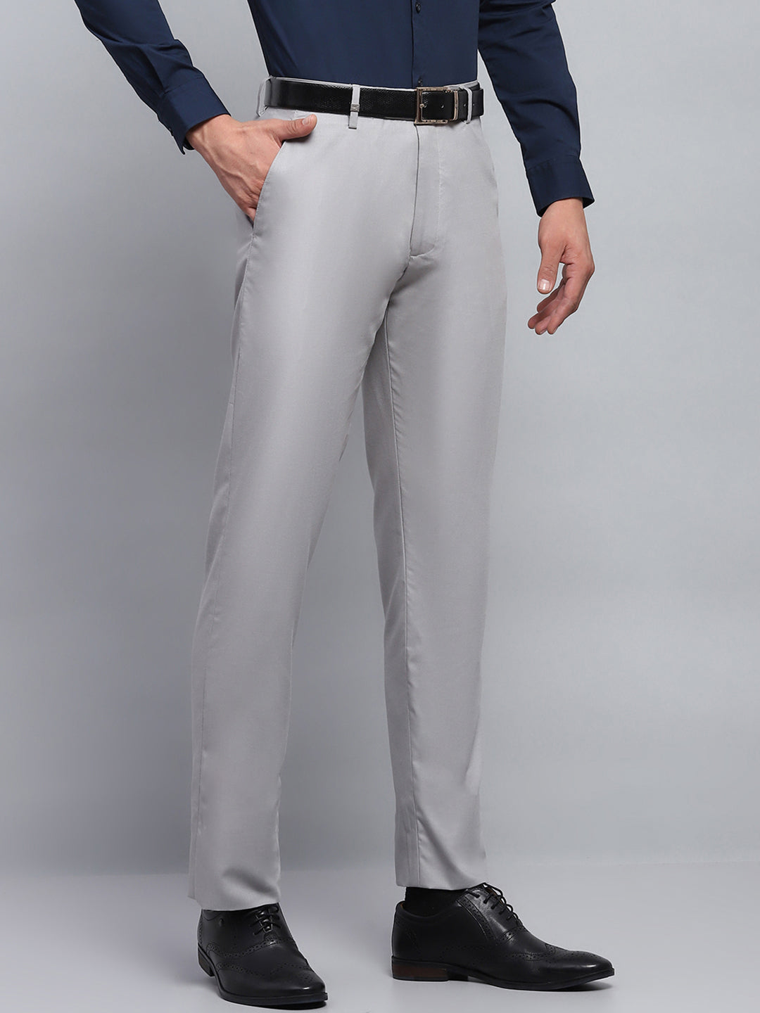 Men Grey Solid Smart Fit Trouser