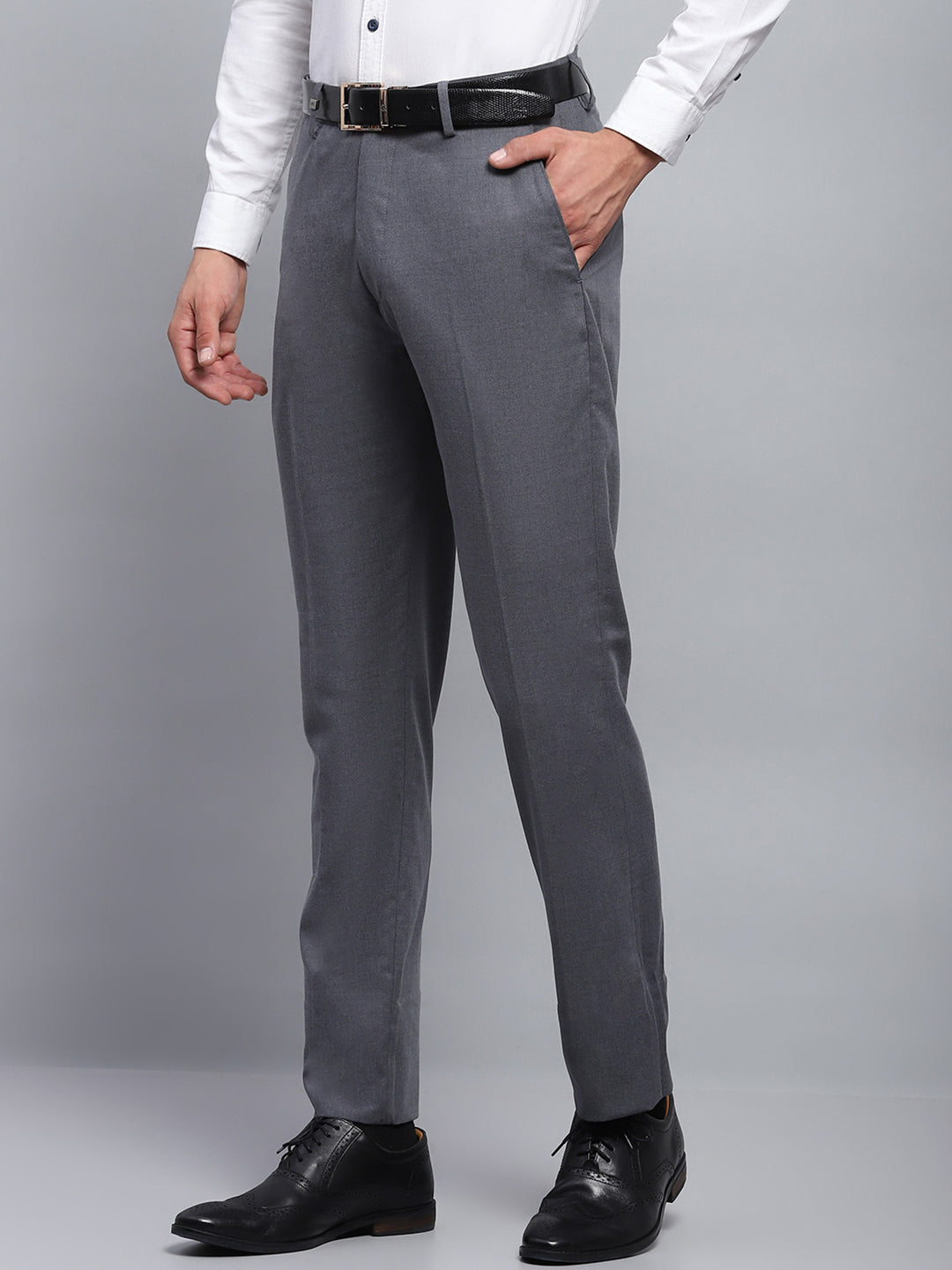 Men Grey Solid Smart Fit Trouser