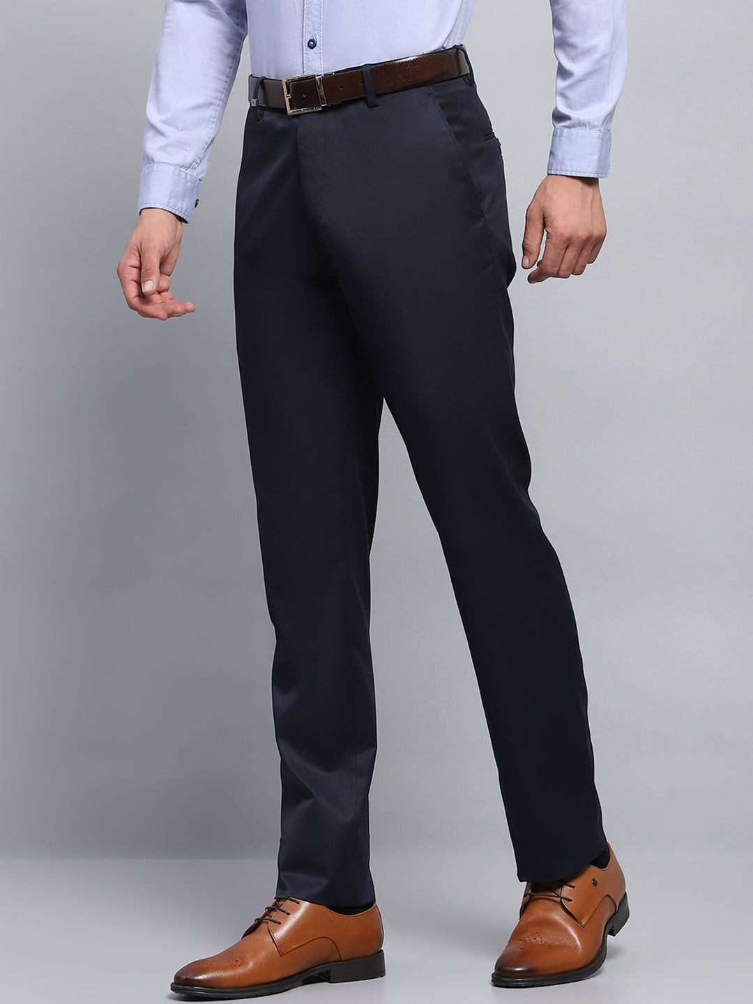 Men Navy Blue Solid Smart Fit Trouser