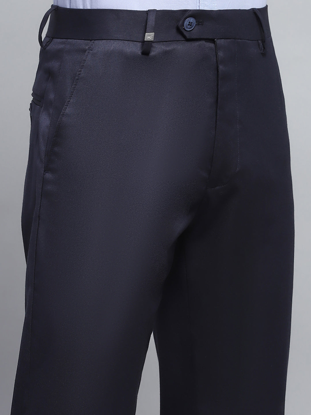 Men Navy Blue Solid Smart Fit Trouser