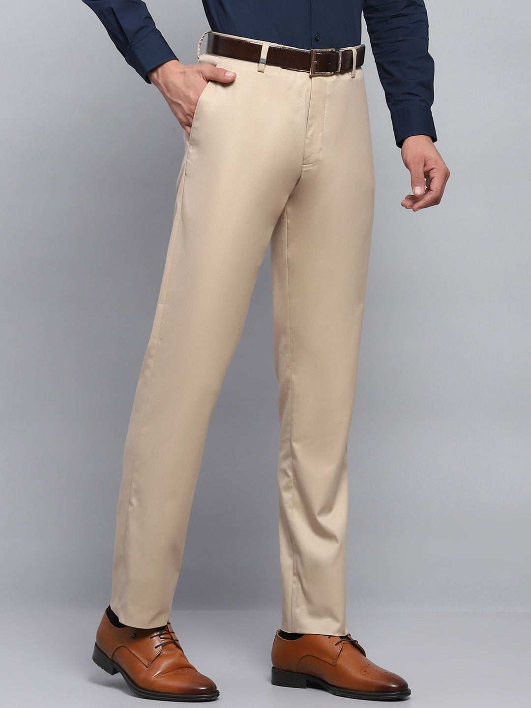 Men Beige Solid Smart Fit Trouser