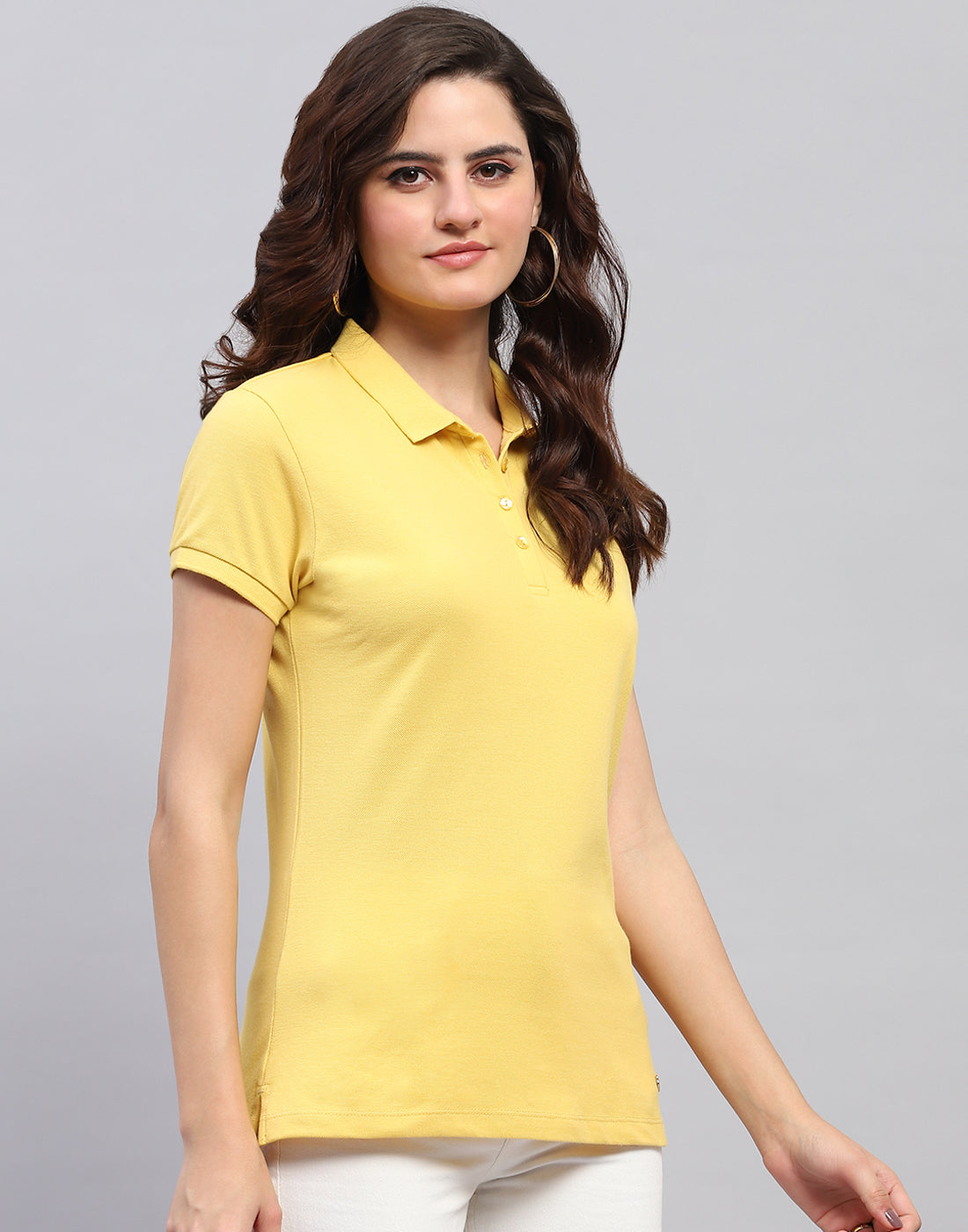 Women Yellow Solid Collar Half Sleeve T-Shirt