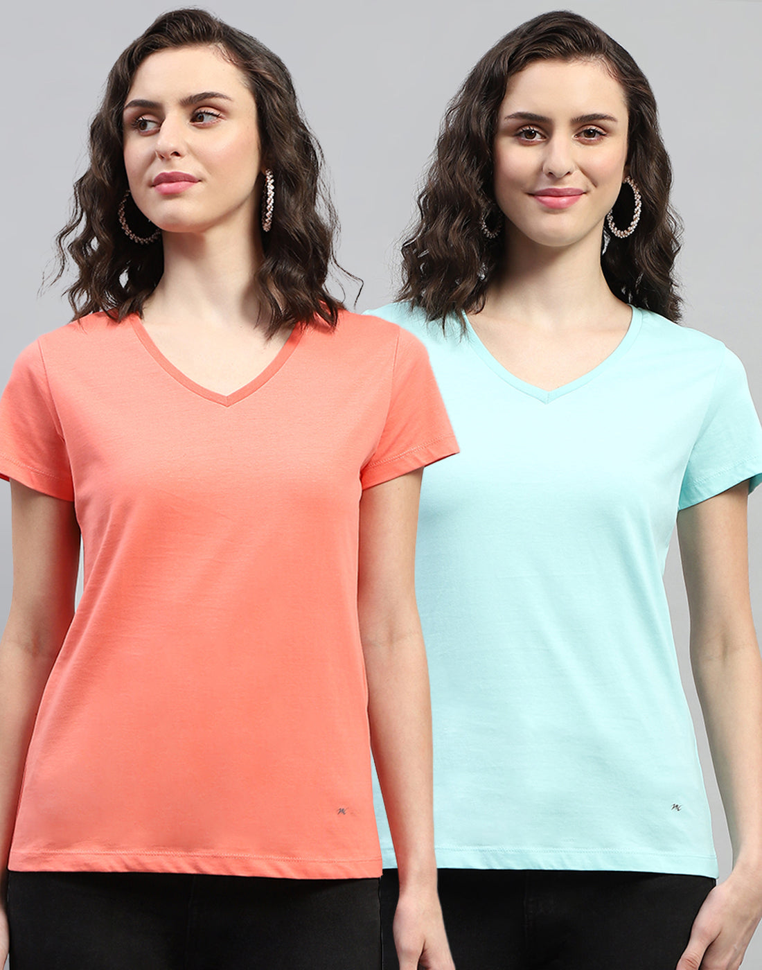 Women Aqua Blue Solid V Neck Half Sleeve Top (Pack of 2)