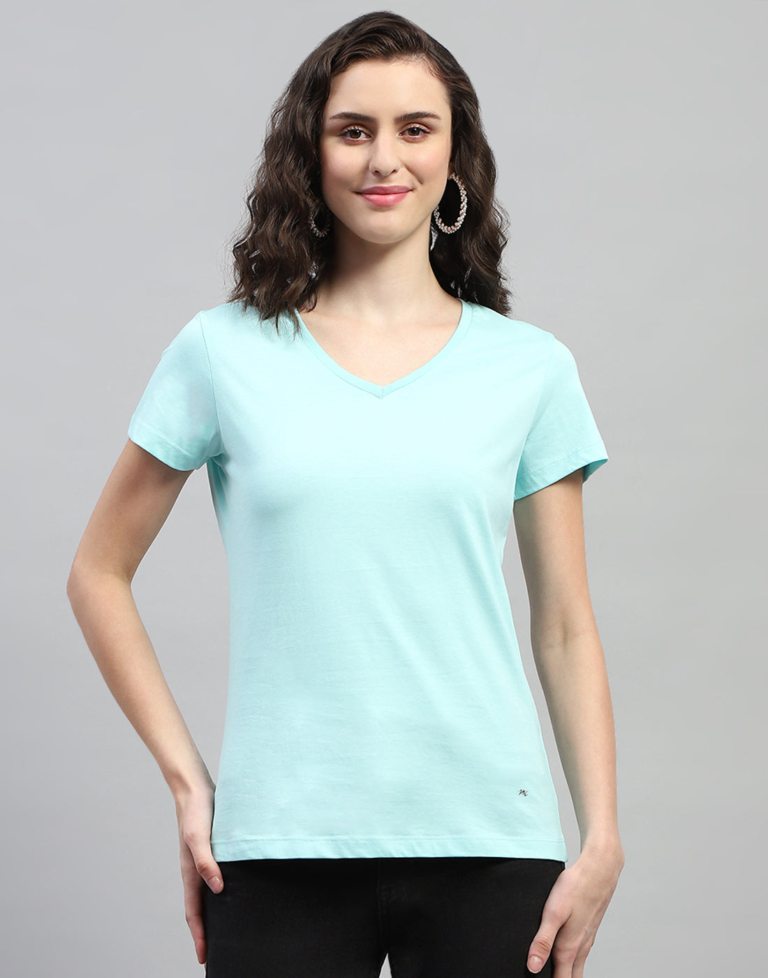 Women Aqua Blue Solid V Neck Half Sleeve Top (Pack of 2)